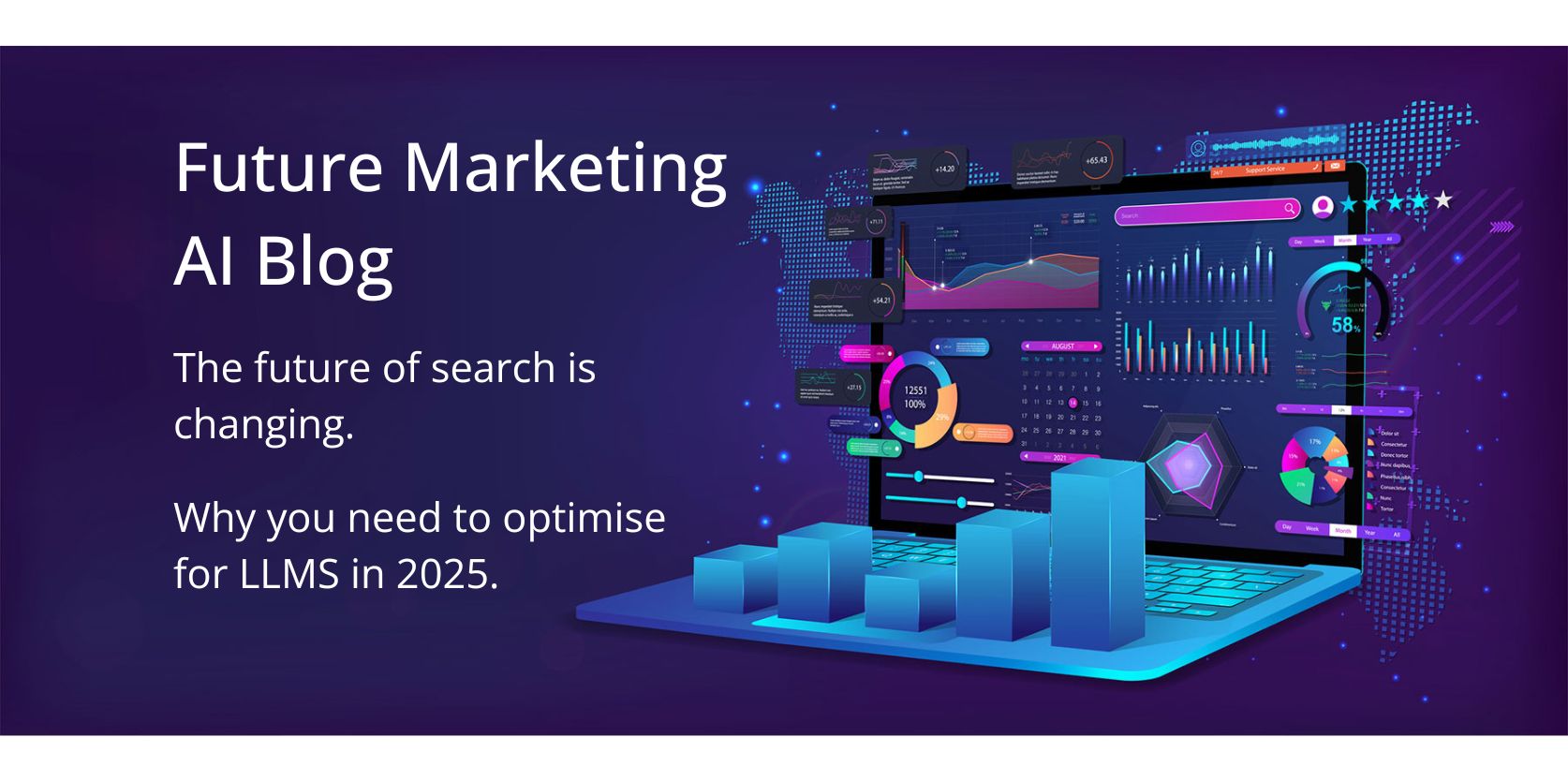 Future Marketing AI Blog. Why Businesses Need to Optimise for LLMs in 2025. Purple image with computer and 3D metrics graphics coming out of a a laptop. SEO. AI SEO. LLM SEO. SEO for LLMs in 2025. SEO for AI in 2025. How LLMs work. Chat GPT SEO.