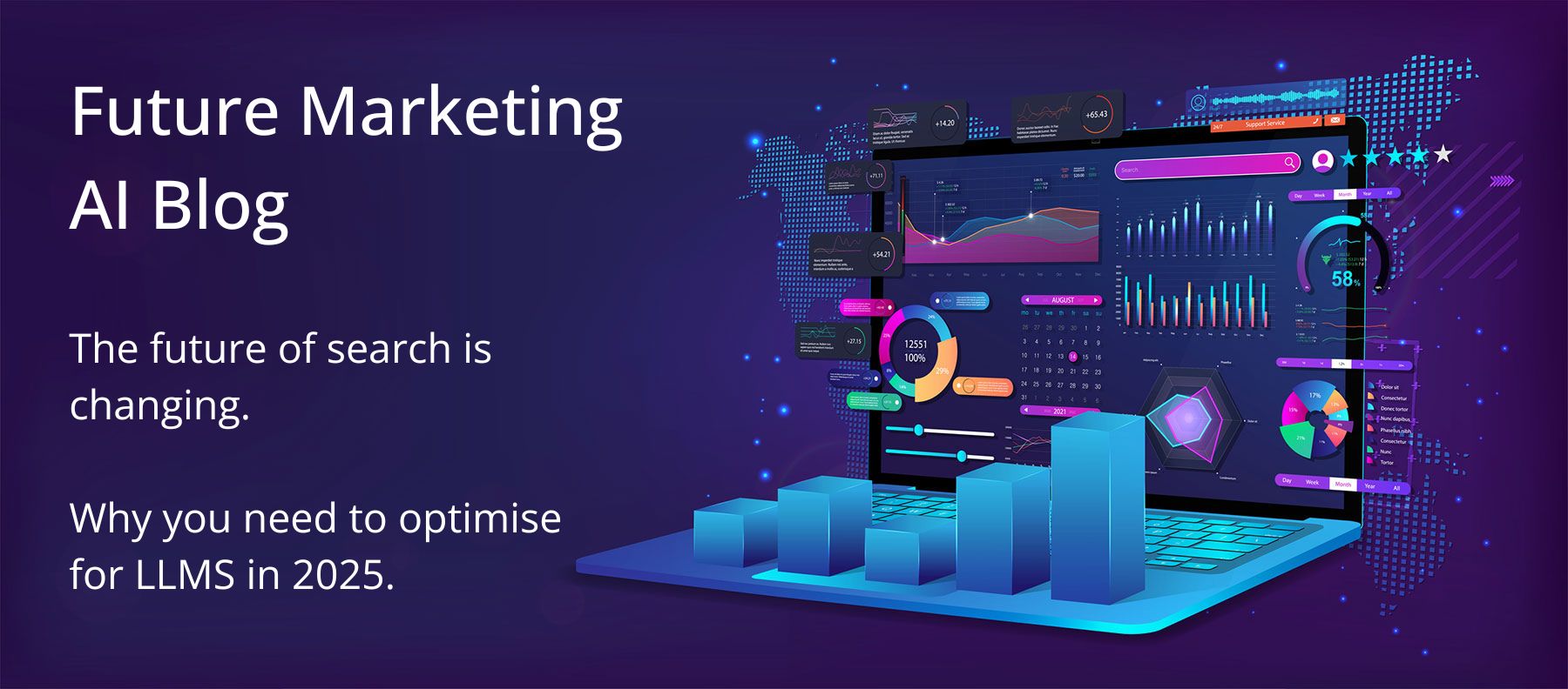 Future Marketing AI Blog. Why Businesses Need to Optimise for LLMs in 2025. Purple image with computer and 3D metrics graphics coming out of a a laptop. SEO. AI SEO. LLM SEO. SEO for LLMs in 2025. SEO for AI in 2025. How LLMs work. Chat GPT SEO.