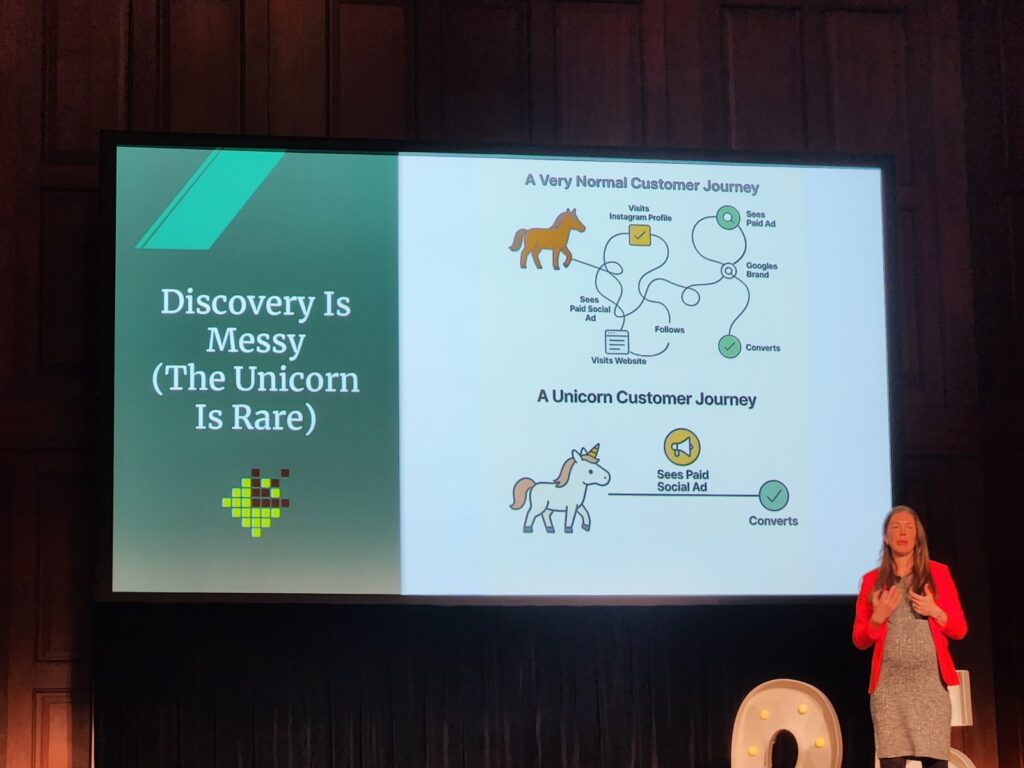 SEO and E-comm specialist Emily Amor presenting the customer journey at Edge Of Search SEO 2025 SEO conference Newcastle, NSW. Photo by Simon Piper Future Marketing Newcastle NSW, fractional CMO, SEO, PPC, Social Media, marketing strategist and consultant.