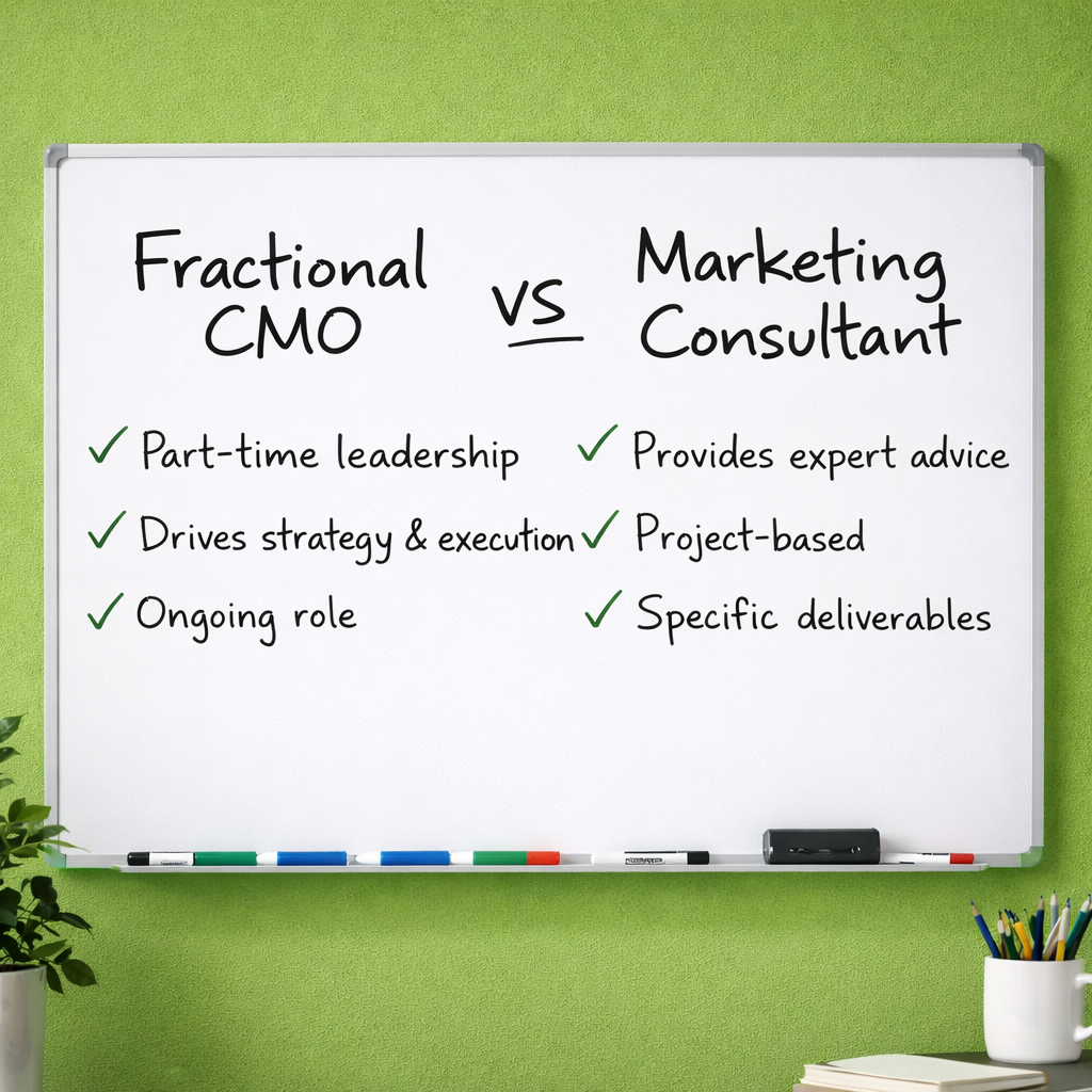 Whiteboard on a green wall with the words 'What's the difference between a fractional cmo (FCMO) and a marketing consultant.'