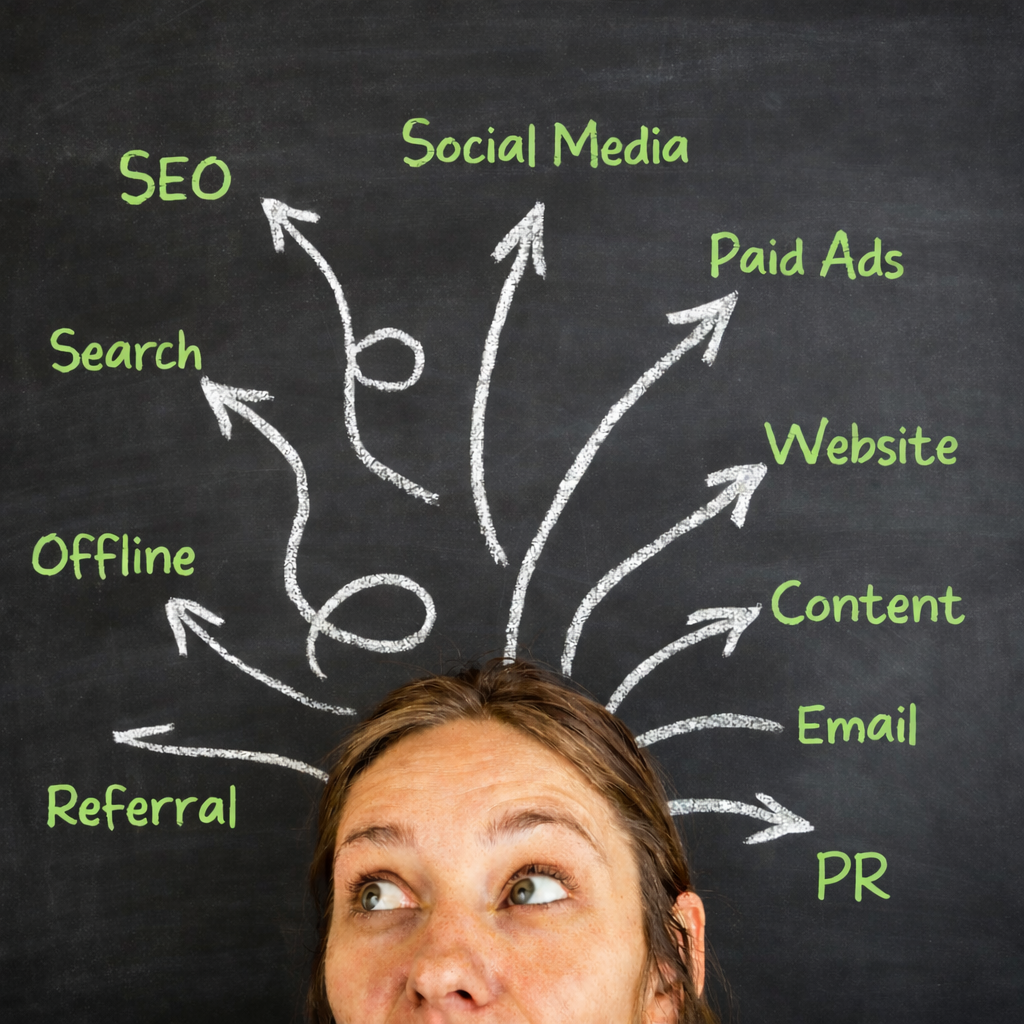 Image of woman infront of a blackboard with white arrows comign off her head each one with a marketing channel label: SEO, Referral, Offline, Search, Social Media, Paid Ads, Content, Website, Email, PR. SME channel strategy by Simon Piper Future Marketing, Fractional CMO and Marketing Consultancy and Digital Marketing for Australian SMEs.