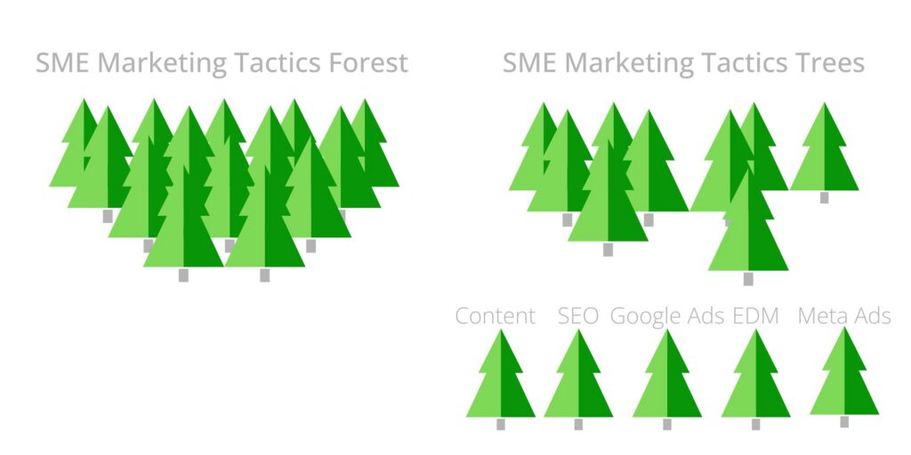 Diagram by Simon Piper, Future Marketing, showing the dilema faced by SMEs when attempting to choose their marketing mix - without a solid marketing strategy in place. Fractional CMO and marketing consultant experts can guide SMEs through this process. SME Marketing Tactics Forest. SEO, PPC, Social Media, Tik Tok, Instagram, Youtube, Facebook, Meta, events, trade shows, PR, sponsorship, influencers, SEO, Google Ads, AIOs, LLMs, EDM, direct marketing, content marketing, outdoor media, advertising, earned media.