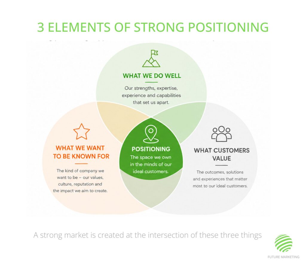 3 Elements of Strong Positioning in Marketing venn diagram by Simon Piper at Future Marketing, Newcastle NSW - Fractional CMO marketing consultant. Image shows how three elements come together to make the winning formula for strong market positioning. 1. What Your Business Does Particularly Well Every business has strengths. These may include technical expertise, customer service, responsiveness, communication, innovation or industry knowledge. 2. What Customers Actually Value Not every strength matters equally to customers. The strongest positioning focuses on attributes that influence buying decisions, solve meaningful problems and create confidence. 3. What Competitors Fail To Communicate Effectively Positioning becomes more powerful when it highlights areas competitors overlook, under-emphasise or communicate poorly. The goal is not necessarily to be unique.